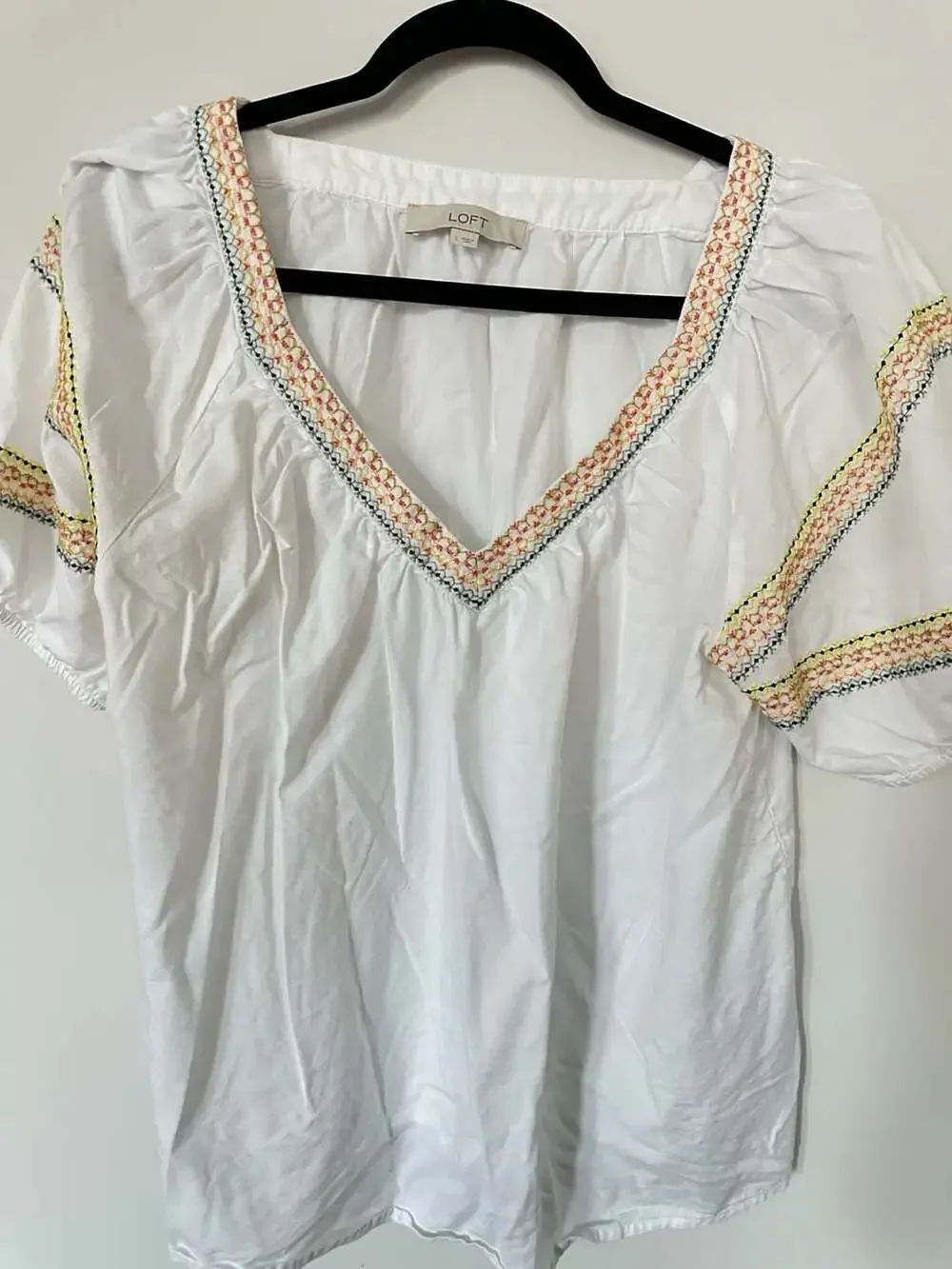 LOFT White Embroidered V-Neck Peasant Blouse Size L